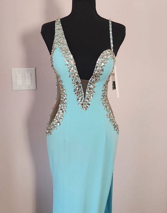 NWT-ONE OF A KIND Jovani Couture Gown Tiffany Blue Slit Dress-Size 4 - Picture 14 of 16